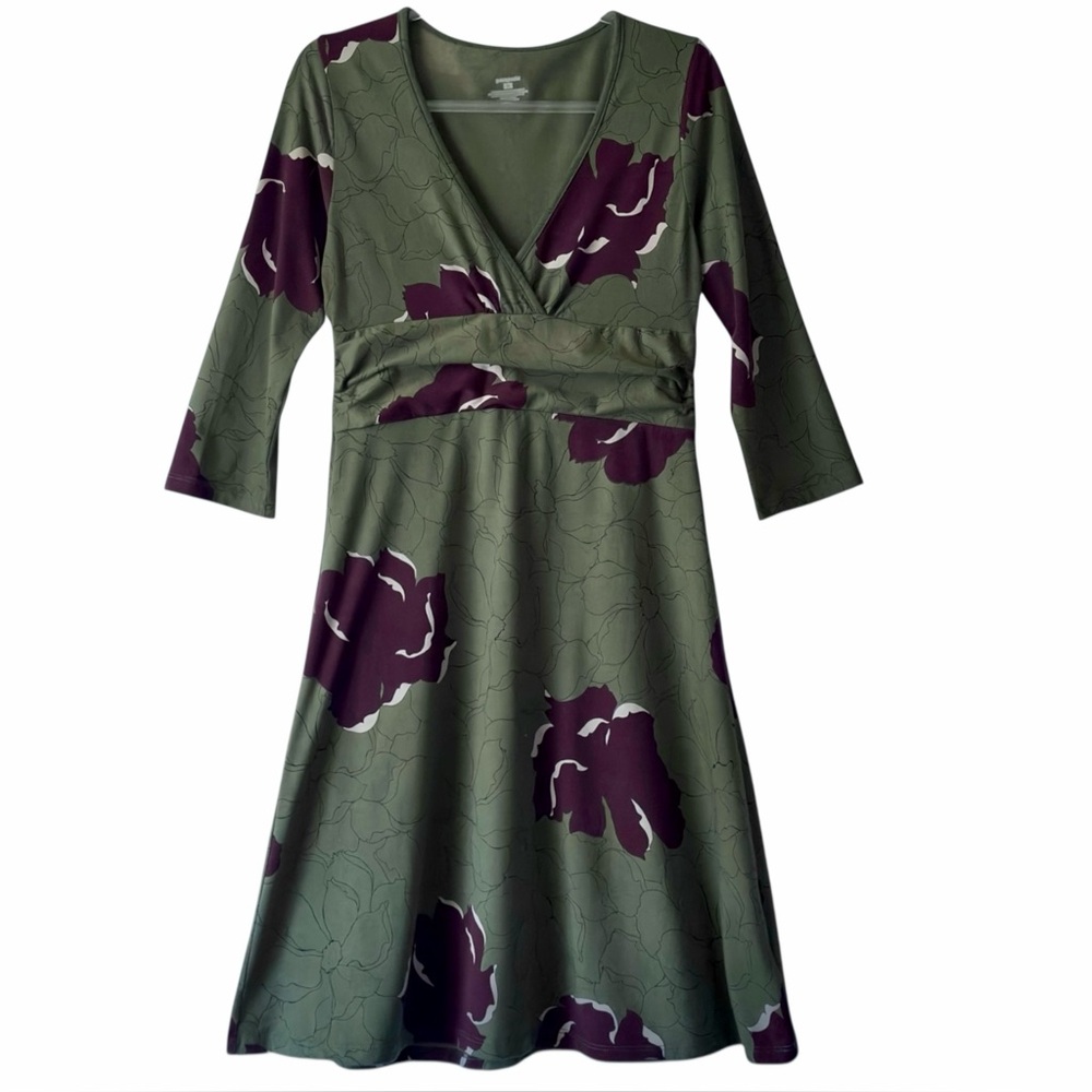 Patagonia Margot Dress Size Medium Olive Green Floral Organic Cotton 3/4 Sleeve